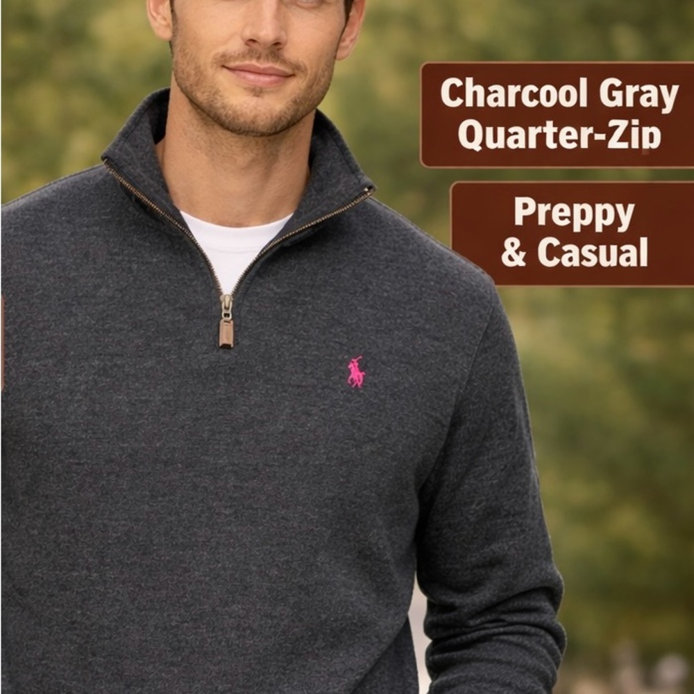 Polo Ralph Lauren Quarter Zip Sweater Medium Charcoal Grey Cotton 1/4 Zip